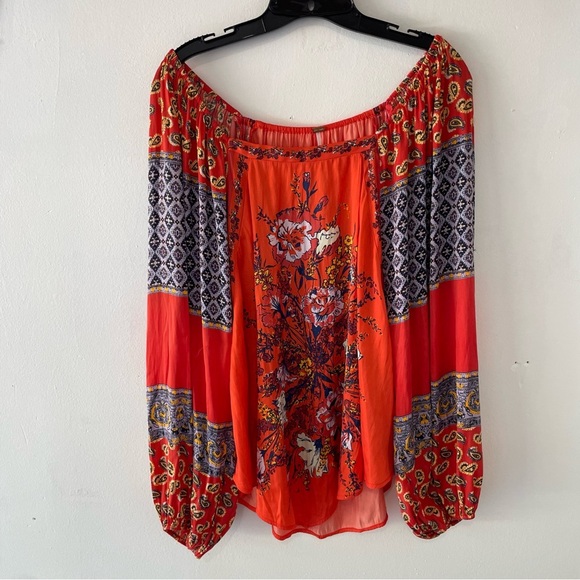 Free People Red Orange Positano Printed Blouse Top 37617 - Picture 2 of 10